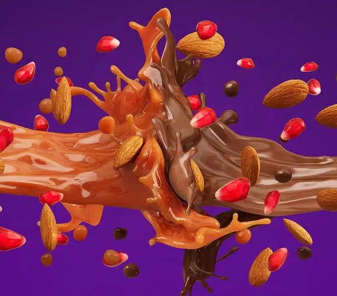 3D animation renders of fruits and nuts in motion